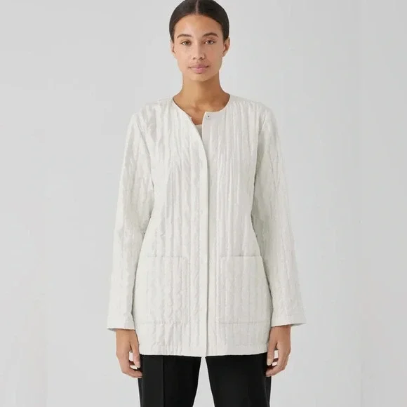 Eileen Fisher Silk Habutai Quilted Round Neck Jacket in Bone Color NWT Size XL - Picture 2 of 12